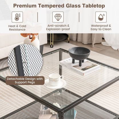 Modern 2-Tier Square Glass Coffee Table with Mesh Shelf, Transparent Coffee Tables   at Gallery Canada