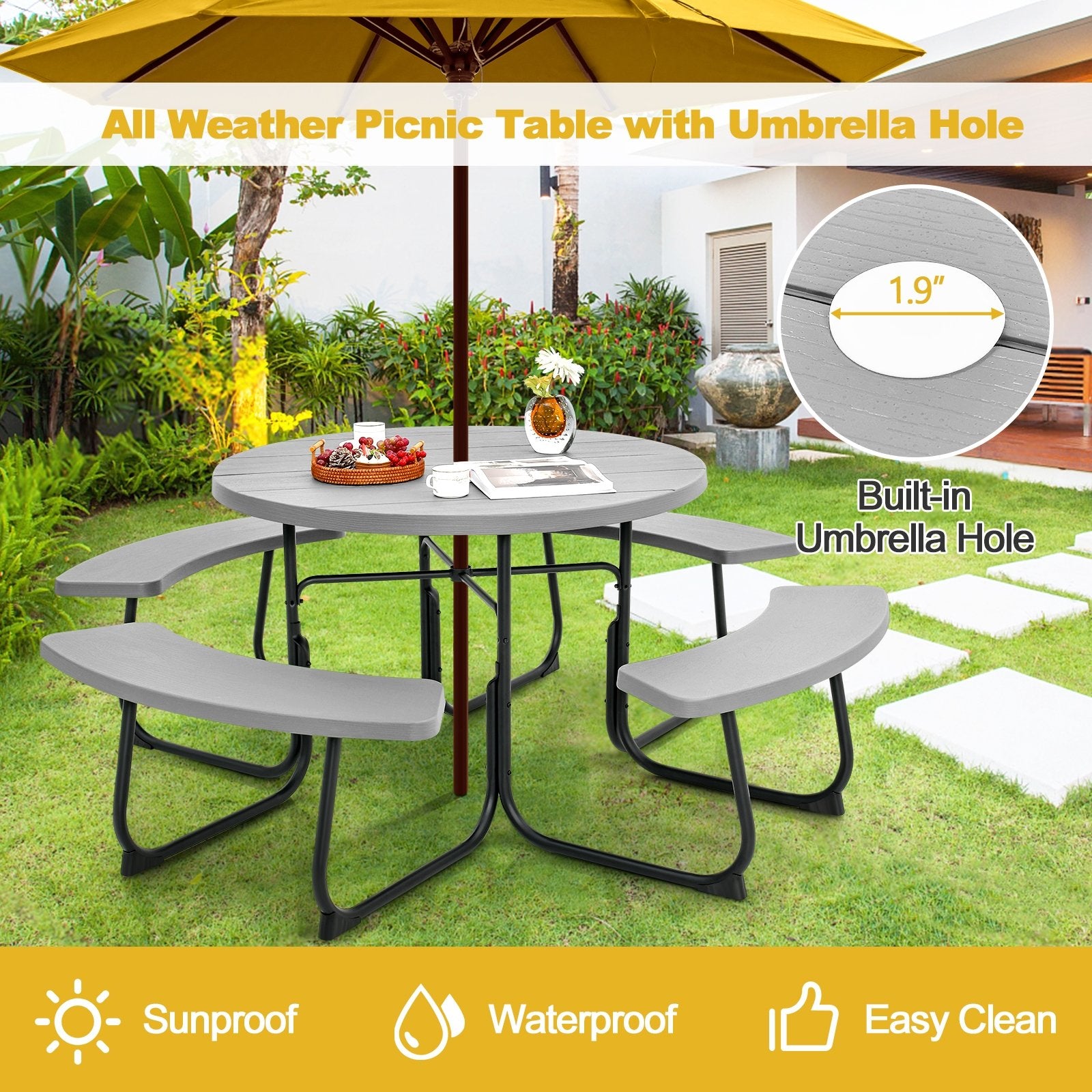 8-Person Outdoor Picnic Table and Bench Set with Umbrella Hole, Gray Picnic Tables   at Gallery Canada