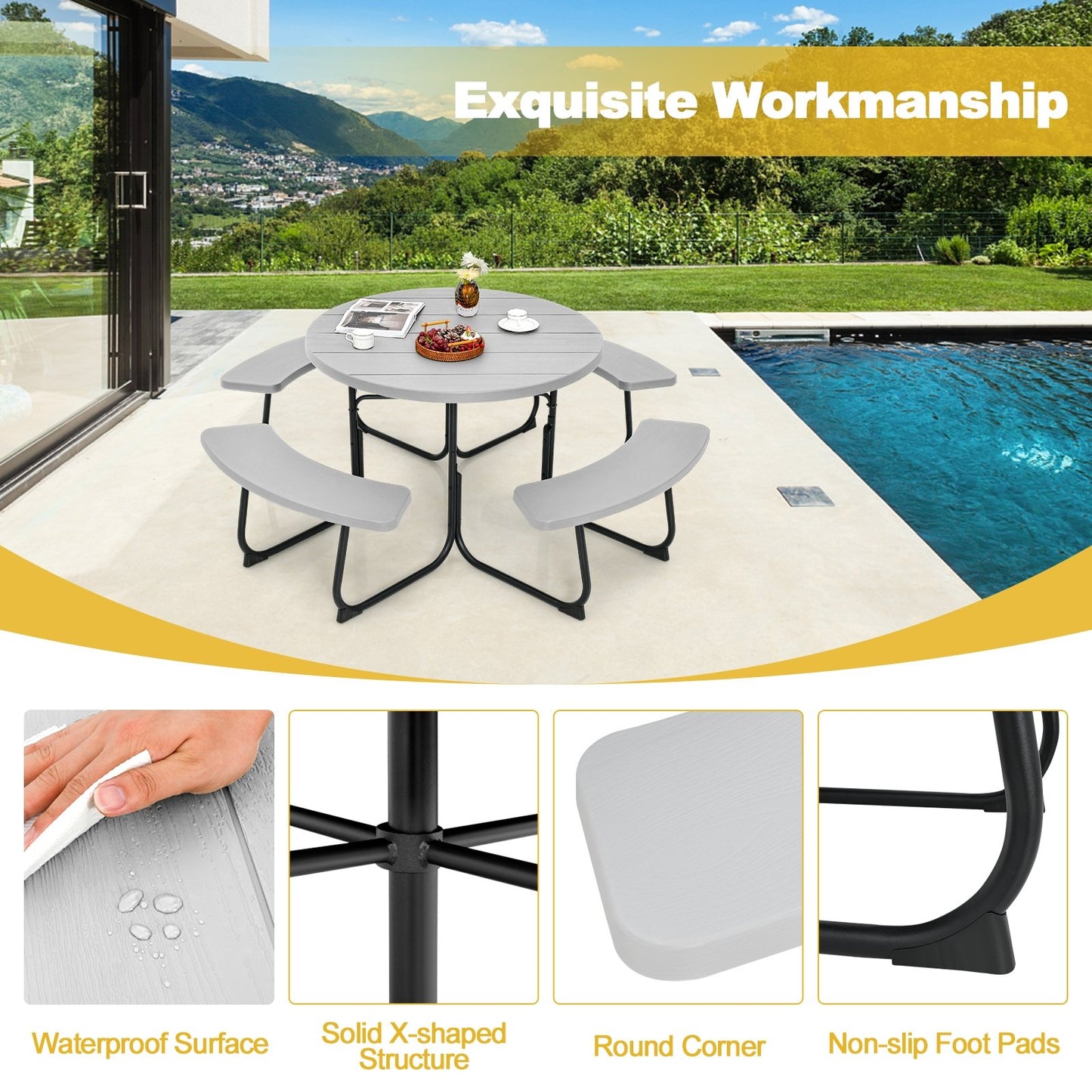 8-Person Outdoor Picnic Table and Bench Set with Umbrella Hole, Gray Picnic Tables   at Gallery Canada