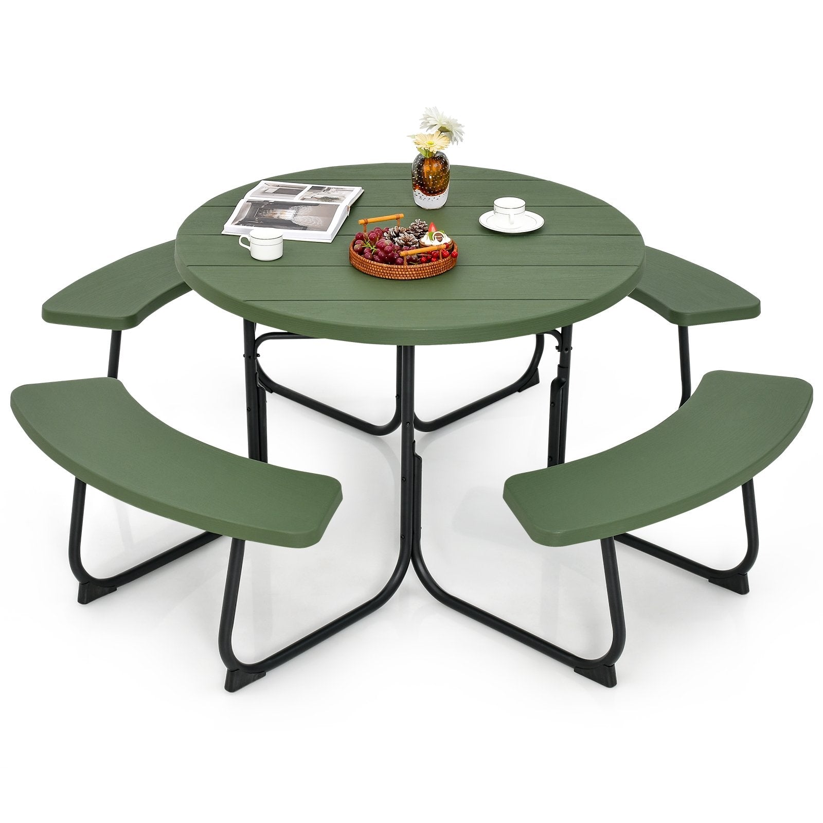 8-Person Outdoor Picnic Table and Bench Set with Umbrella Hole, Green Picnic Tables   at Gallery Canada