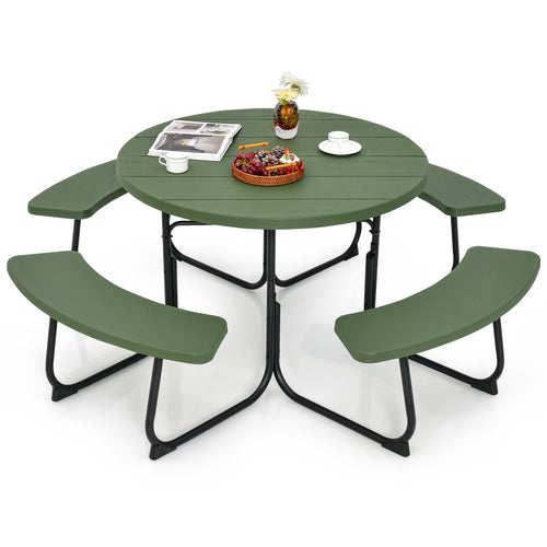 8-Person Outdoor Picnic Table and Bench Set with Umbrella Hole, Green