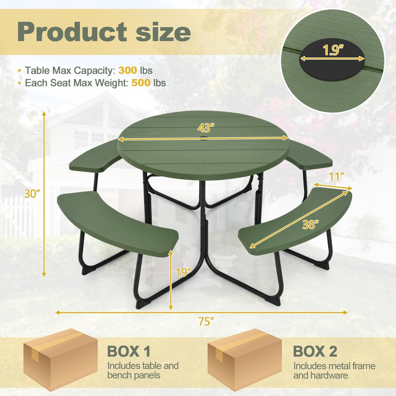 8-Person Outdoor Picnic Table and Bench Set with Umbrella Hole, Green Picnic Tables   at Gallery Canada