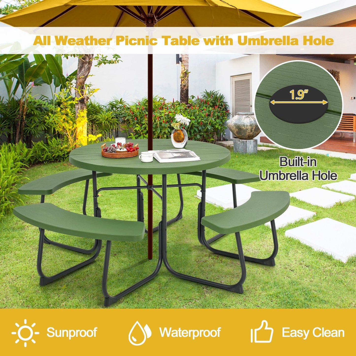 8-Person Outdoor Picnic Table and Bench Set with Umbrella Hole, Green Picnic Tables   at Gallery Canada