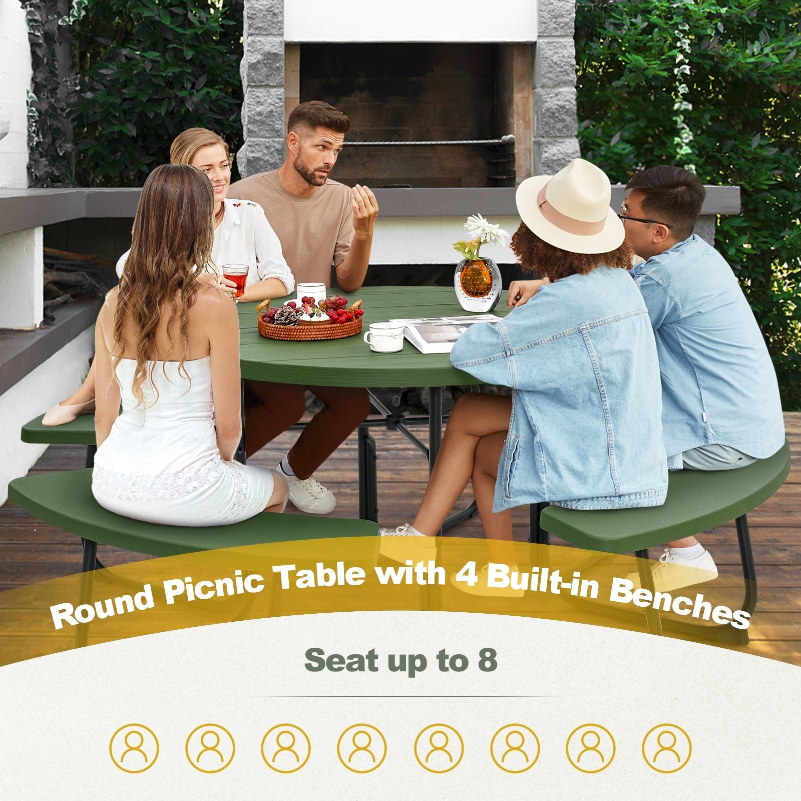 8-Person Outdoor Picnic Table and Bench Set with Umbrella Hole, Green Picnic Tables   at Gallery Canada