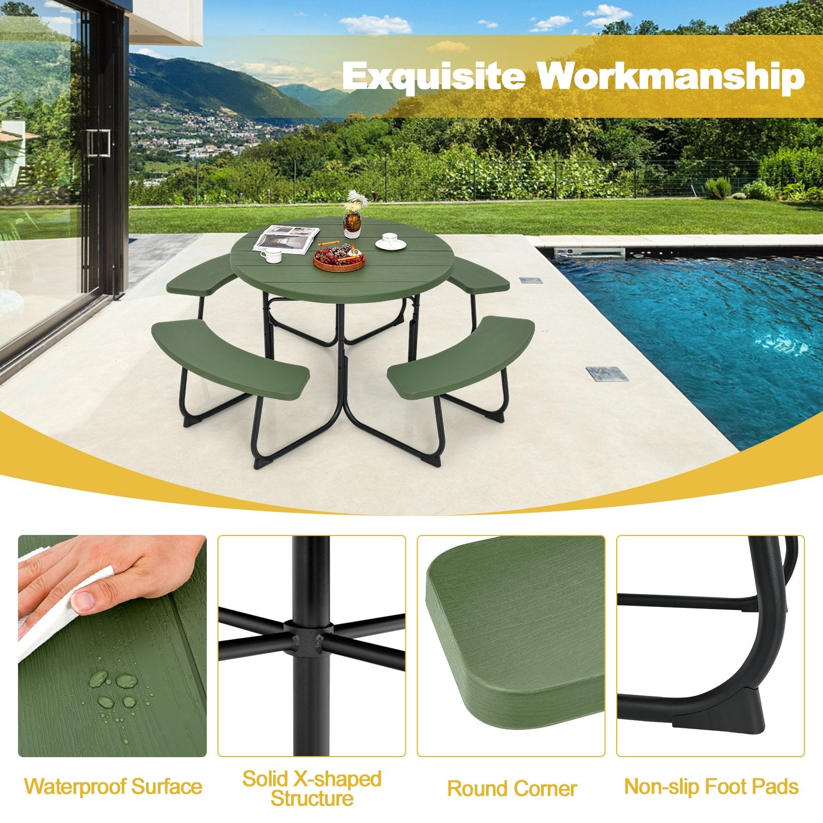 8-Person Outdoor Picnic Table and Bench Set with Umbrella Hole, Green Picnic Tables   at Gallery Canada