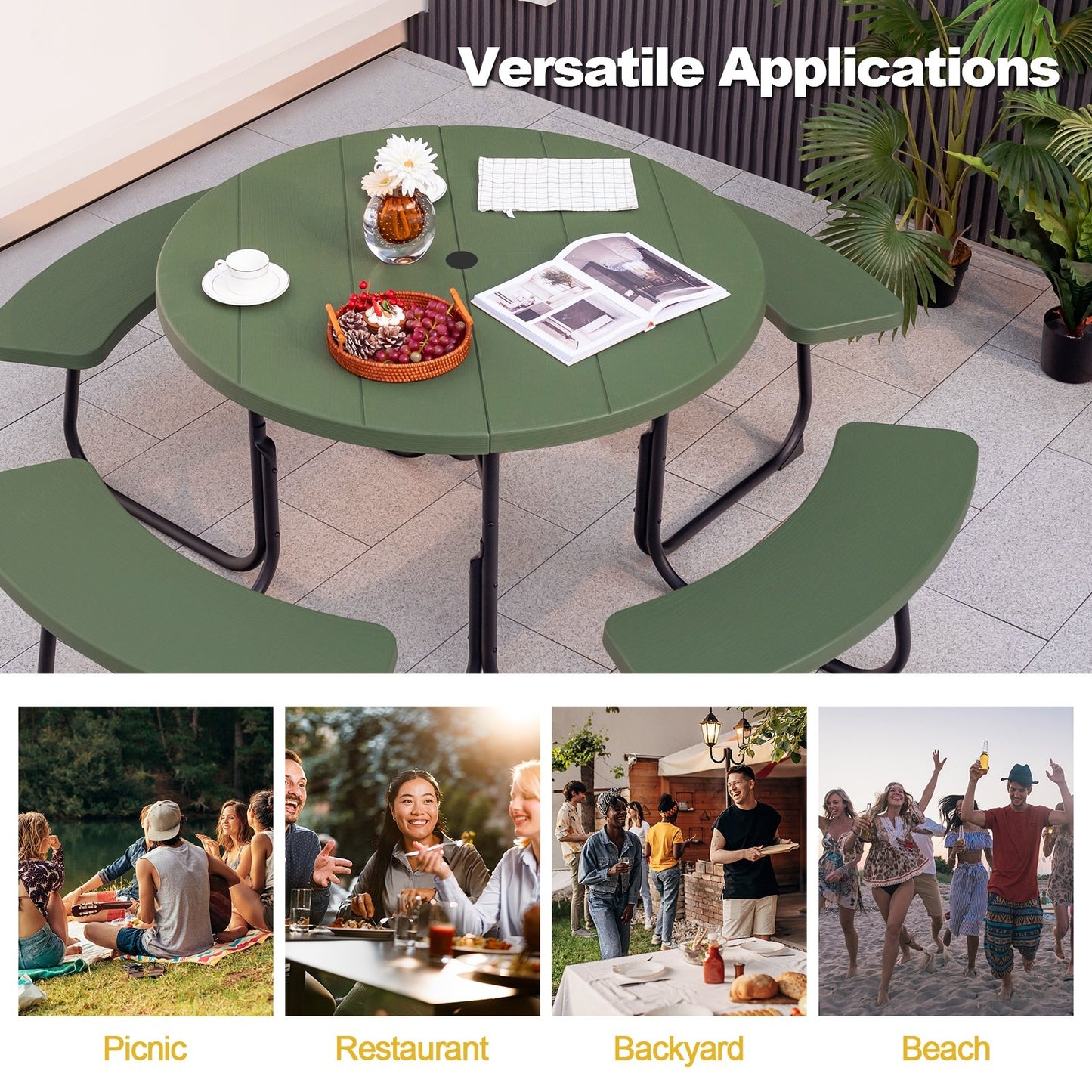 8-Person Outdoor Picnic Table and Bench Set with Umbrella Hole, Green Picnic Tables   at Gallery Canada