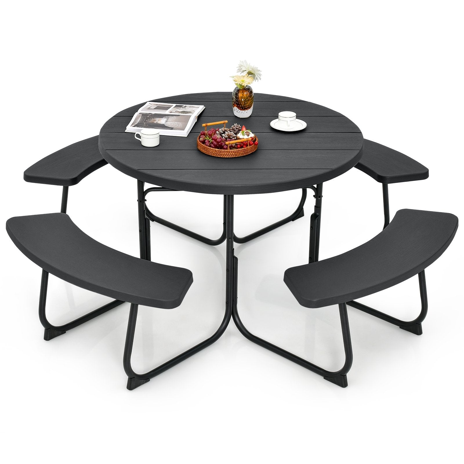 8-Person Outdoor Picnic Table and Bench Set with Umbrella Hole, Black Picnic Tables   at Gallery Canada