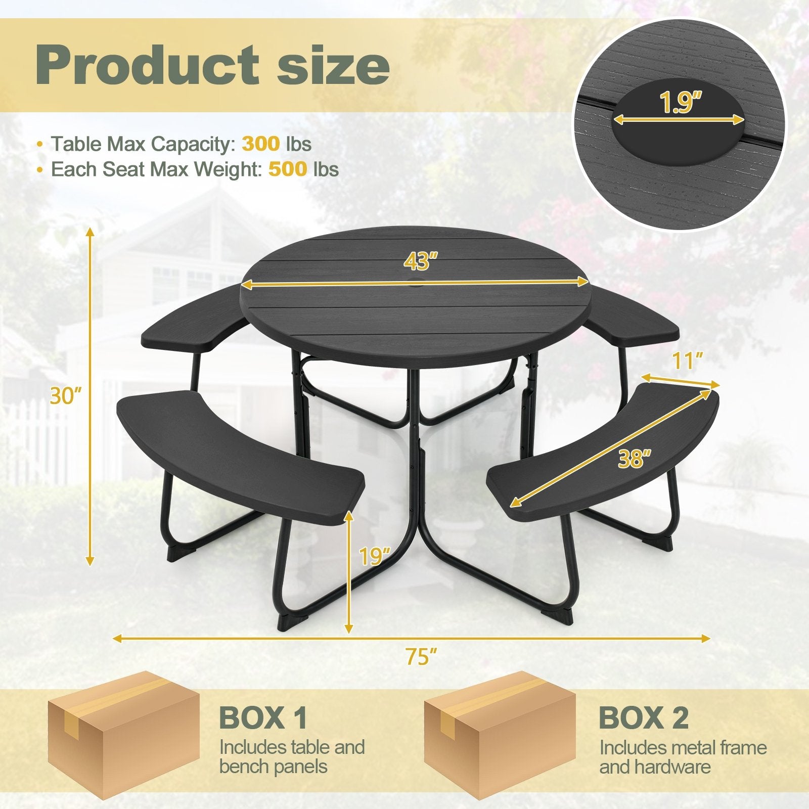 8-Person Outdoor Picnic Table and Bench Set with Umbrella Hole, Black Picnic Tables   at Gallery Canada