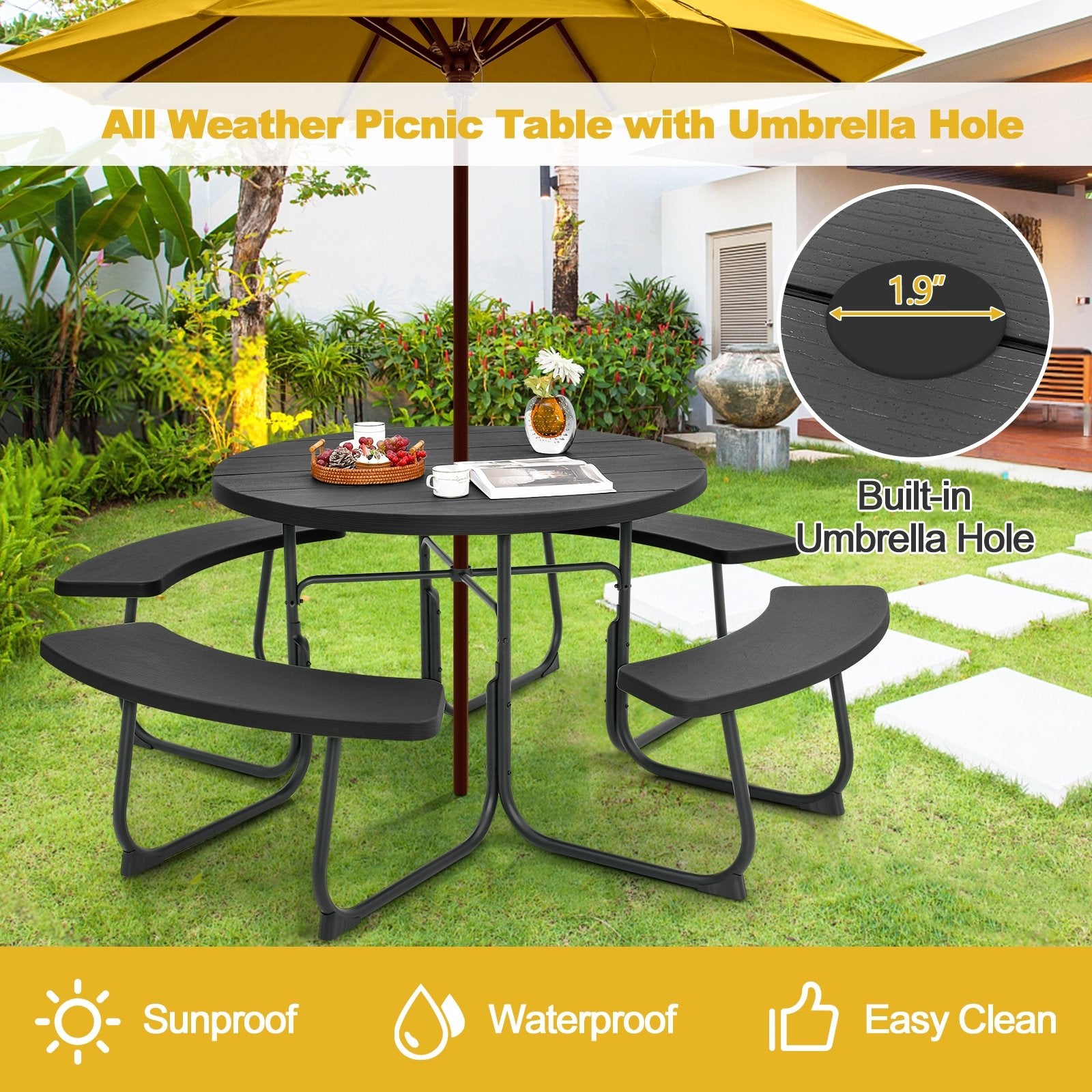 8-Person Outdoor Picnic Table and Bench Set with Umbrella Hole, Black Picnic Tables   at Gallery Canada