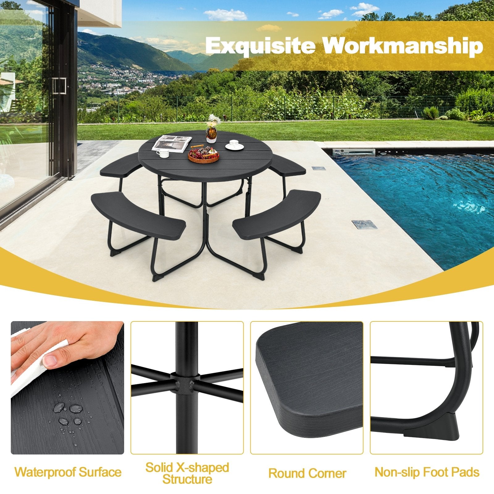 8-Person Outdoor Picnic Table and Bench Set with Umbrella Hole, Black Picnic Tables   at Gallery Canada