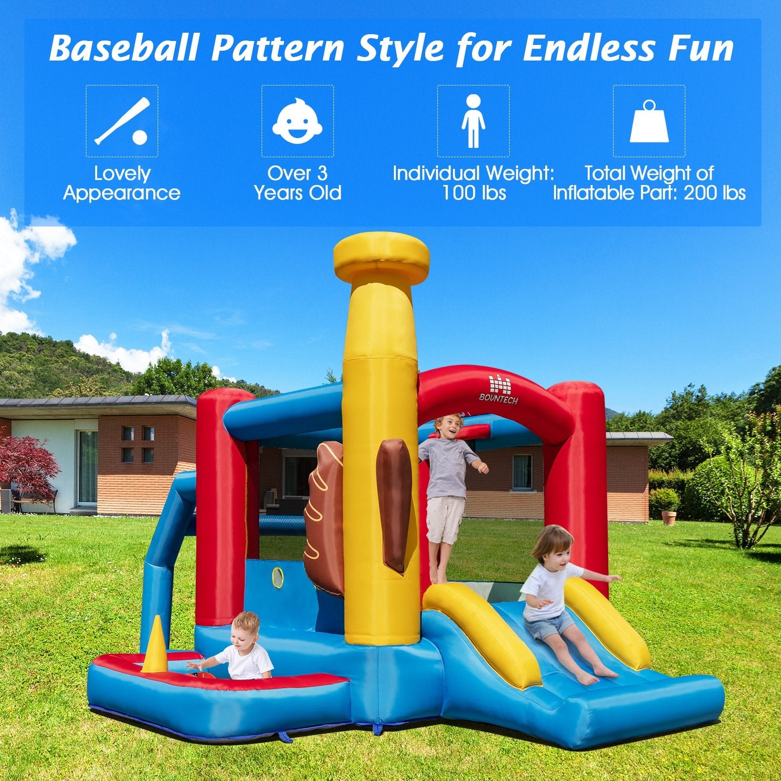 Baseball Themed Inflatable Bounce House with Ball Pit and Ocean Balls with 735W Blower, Multicolor Bounce House   at Gallery Canada