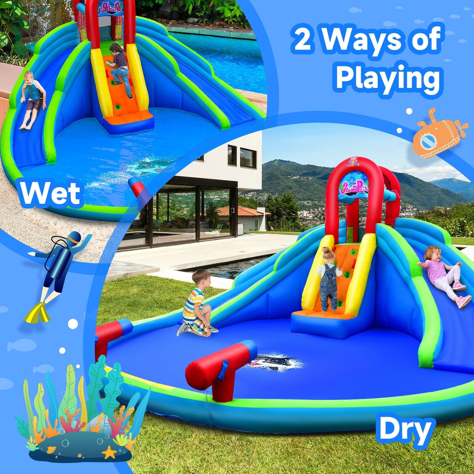 Inflatable Waterslide Bounce House with Upgraded Handrail without Blower, Blue Bounce House at Gallery Canada