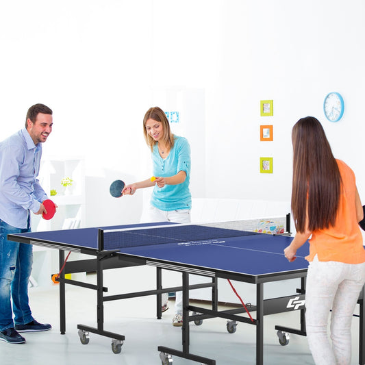 9 x 5 Feet Foldable Table Tennis Table with Quick Clamp Net and Post Set, Blue - Gallery Canada