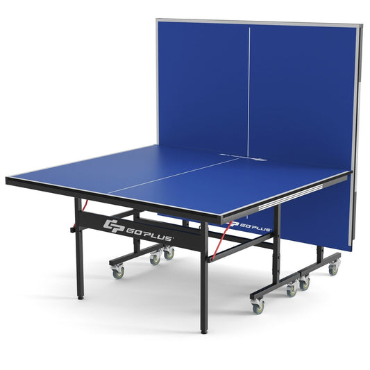 9 x 5 Feet Foldable Table Tennis Table with Quick Clamp Net and Post Set, Blue - Gallery Canada