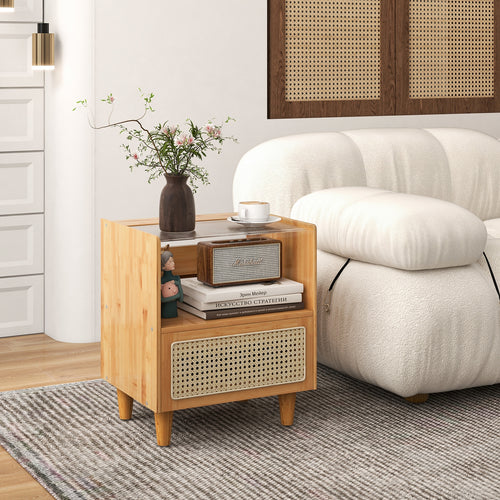 2 Pieces Bamboo Rattan Nightstand with Drawer and Solid Wood Legs, Natural