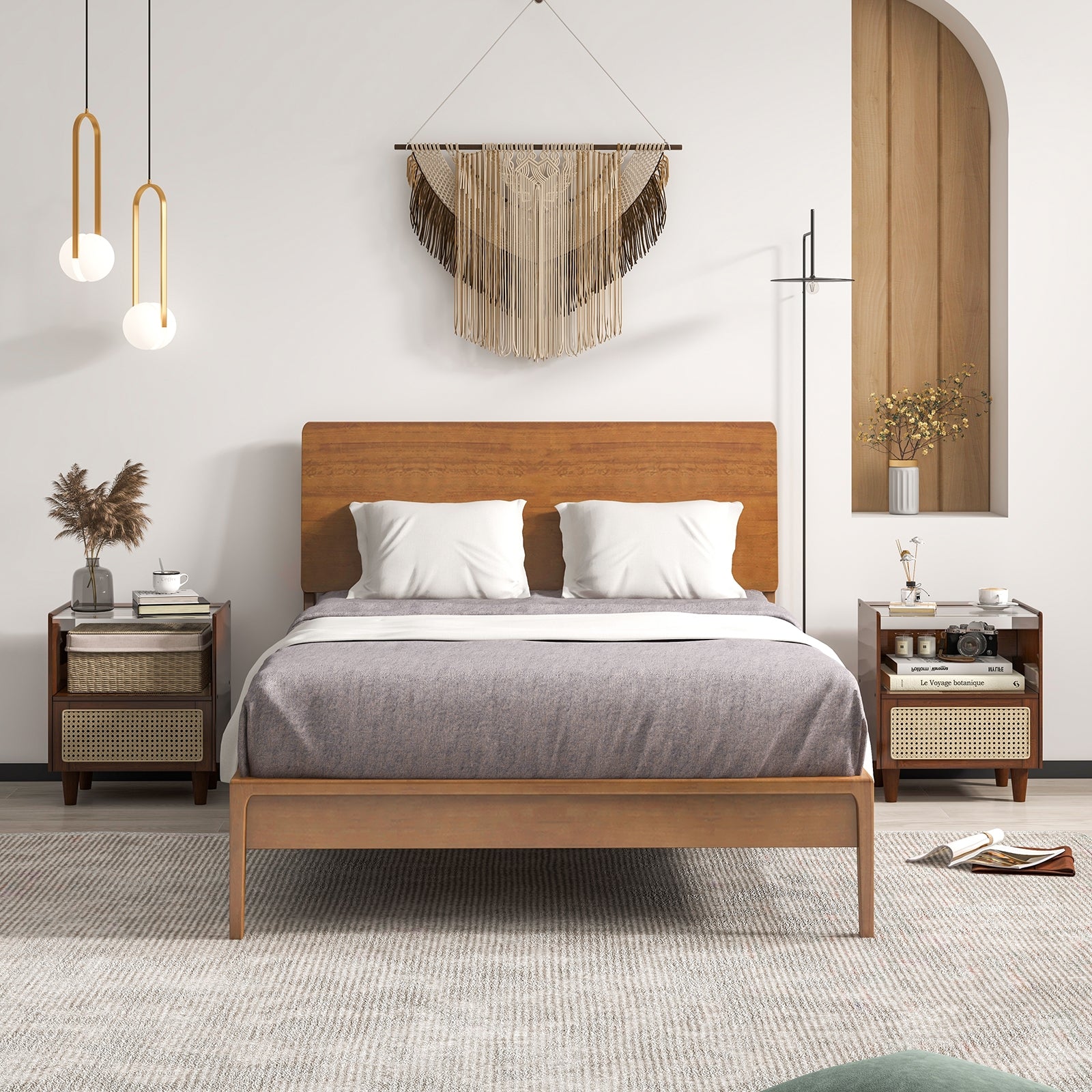 2 Pieces Bamboo Rattan Nightstand with Drawer and Solid Wood Legs, Brown Nightstands at Gallery Canada