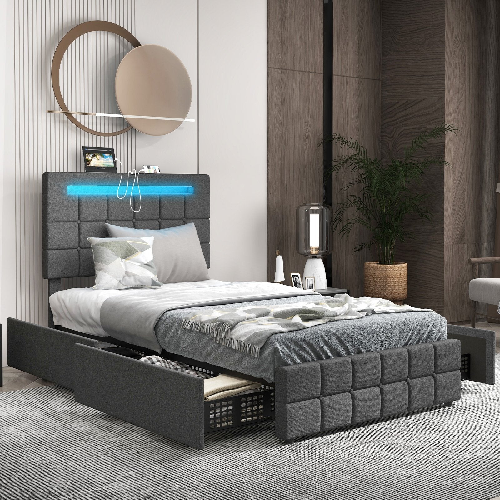 Upholstered LED Bed Frame with Headboard and 4 Drawers-Twin Size, Gray Simple Bed Frame   at Gallery Canada