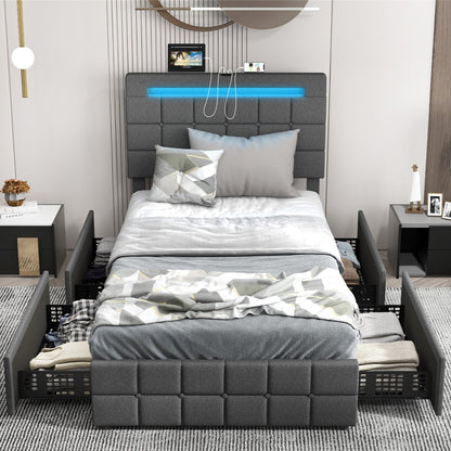 Upholstered LED Bed Frame with Headboard and 4 Drawers-Twin Size, Gray Simple Bed Frame   at Gallery Canada