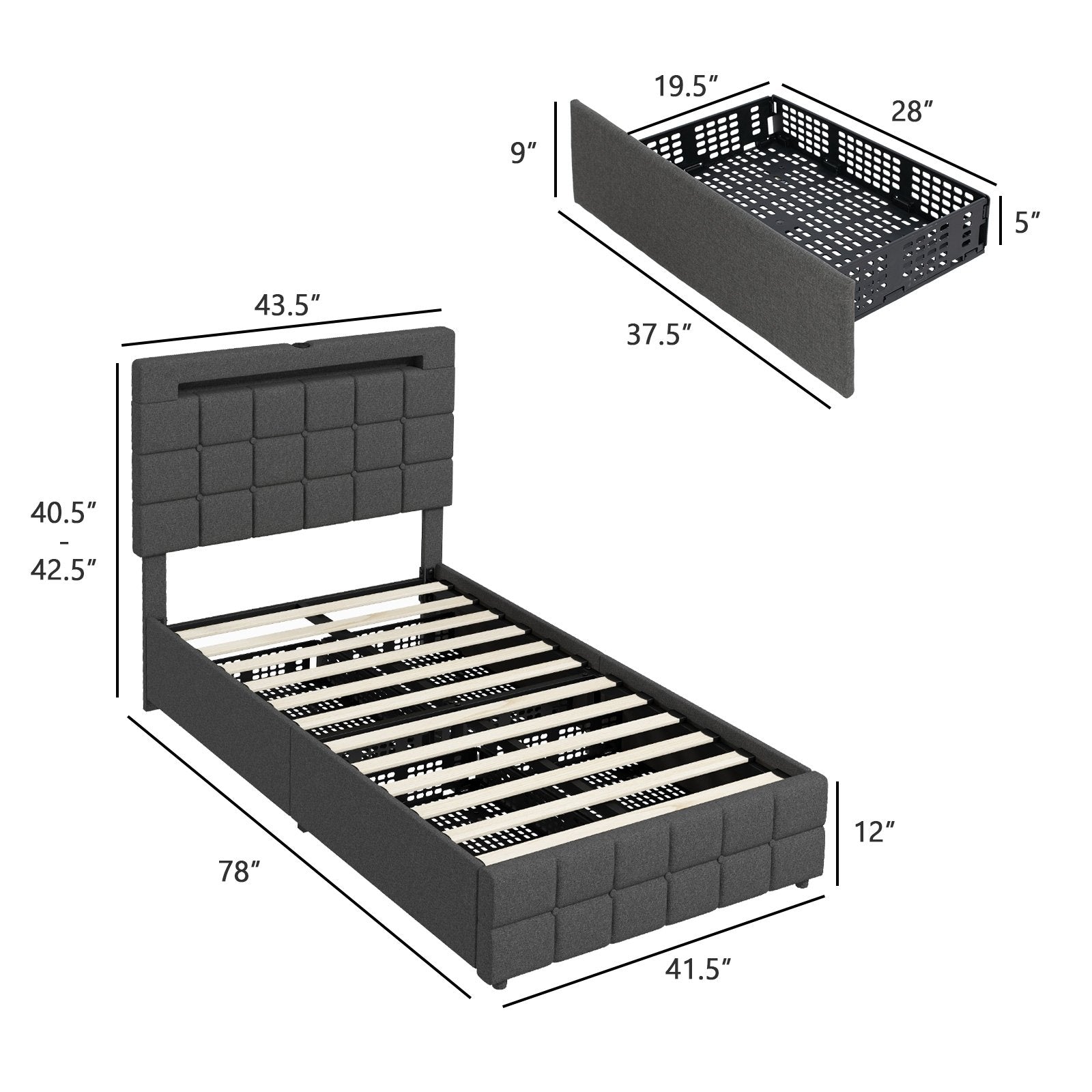 Upholstered LED Bed Frame with Headboard and 4 Drawers-Twin Size, Gray Simple Bed Frame   at Gallery Canada