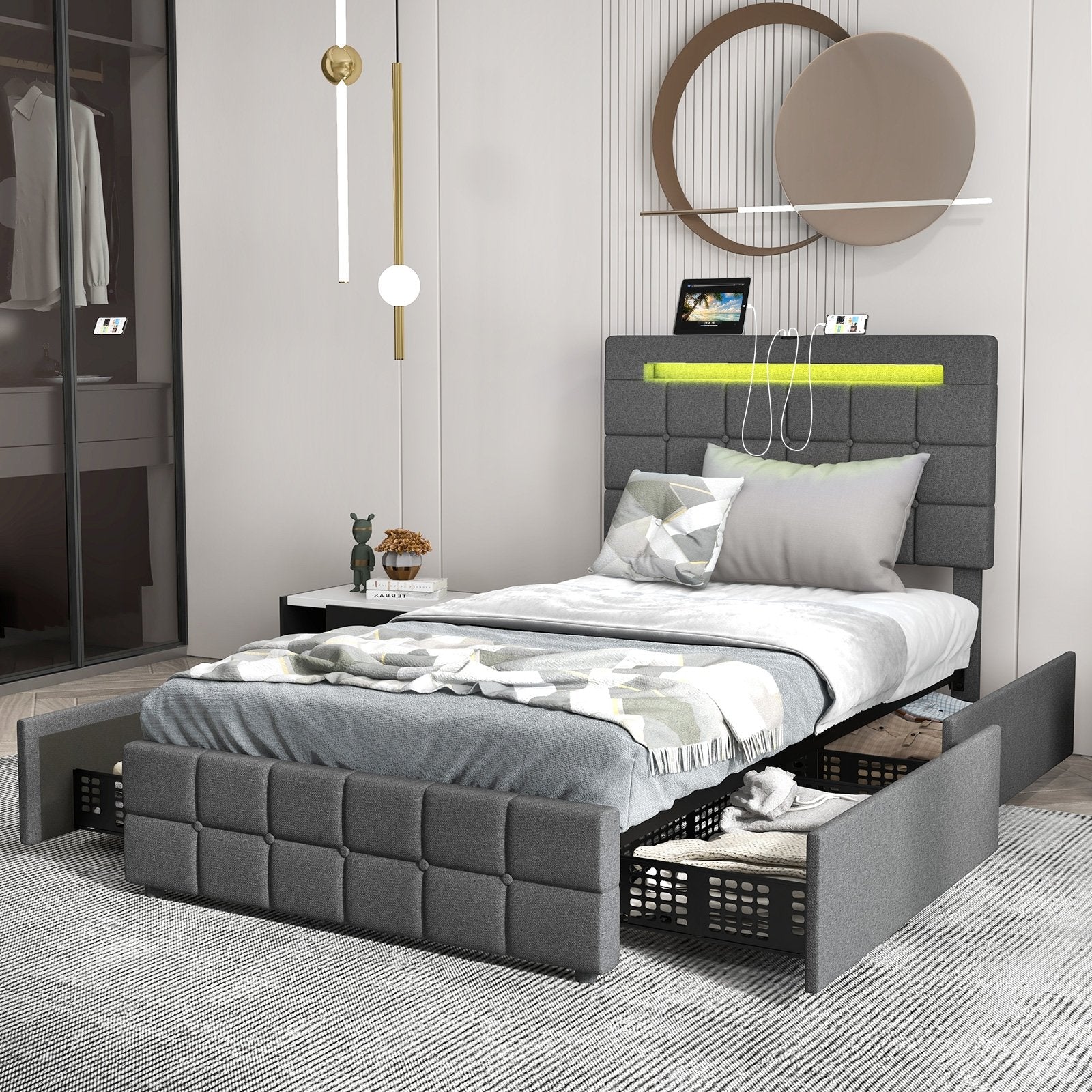 Upholstered LED Bed Frame with Headboard and 4 Drawers-Twin Size, Gray Simple Bed Frame   at Gallery Canada