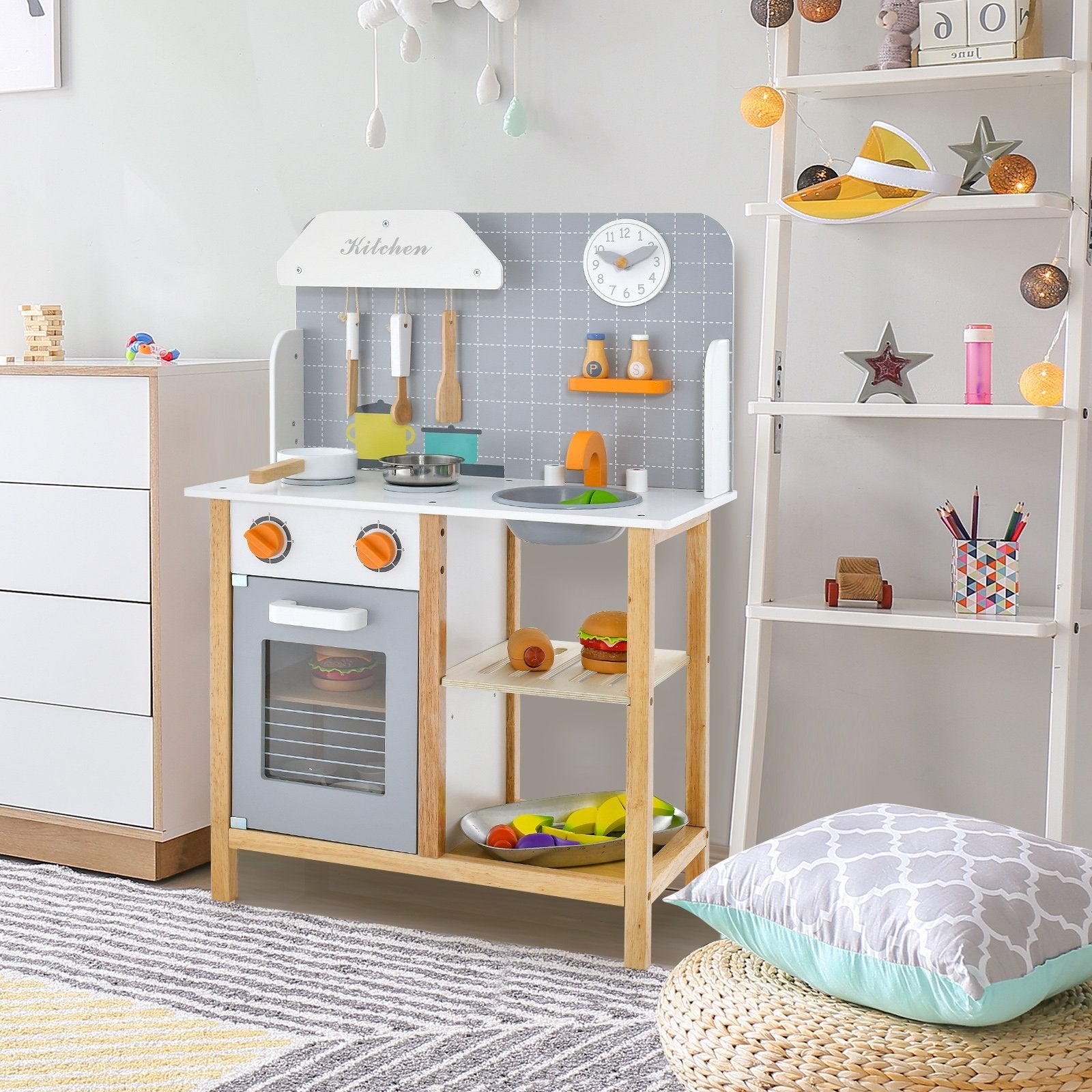 Wooden Toddler Pretend Kitchen Set with Cookware Accessories for Boys and Girls-Grey, Gray Play Kitchen Sets   at Gallery Canada