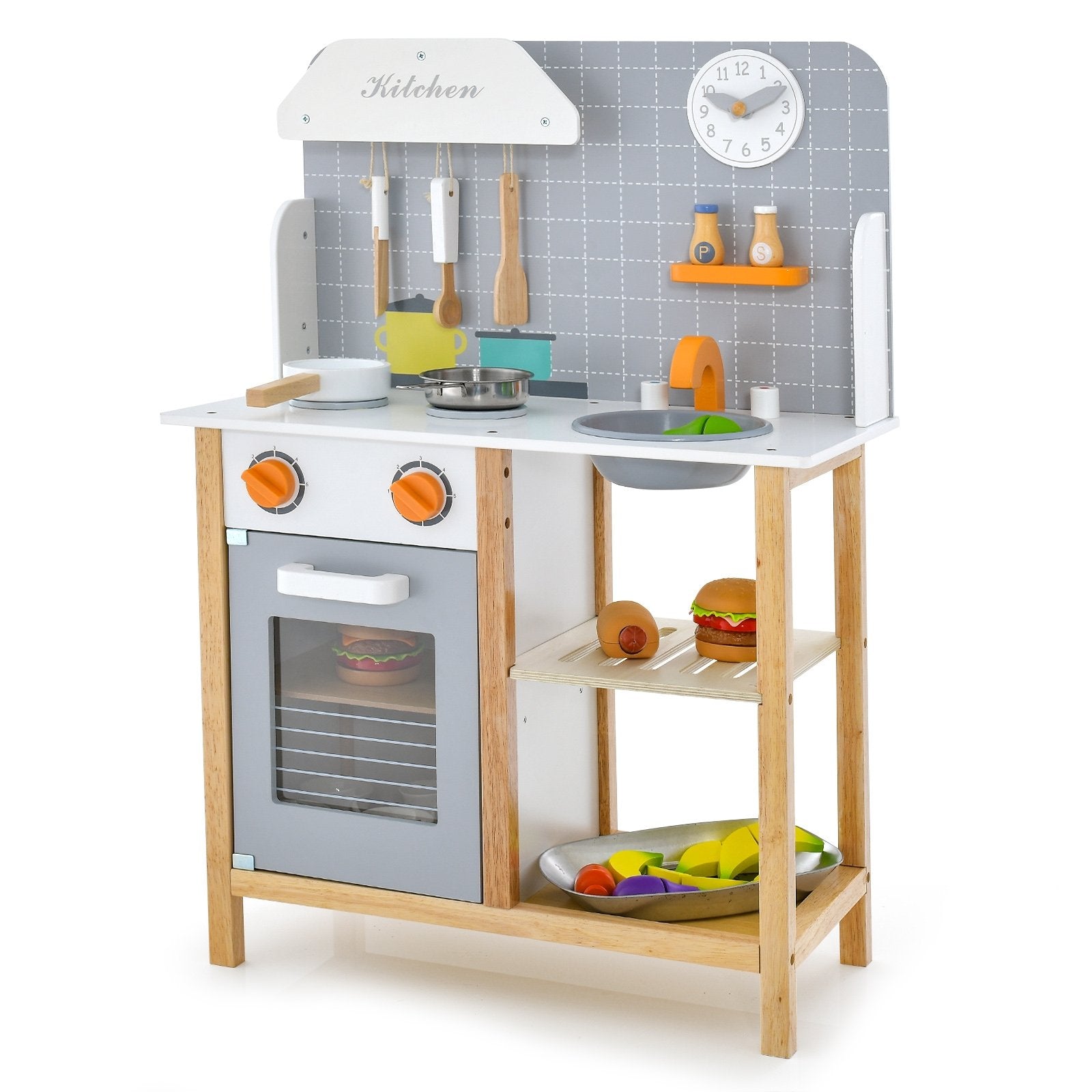 Wooden Toddler Pretend Kitchen Set with Cookware Accessories for Boys and Girls-Grey, Gray Play Kitchen Sets   at Gallery Canada