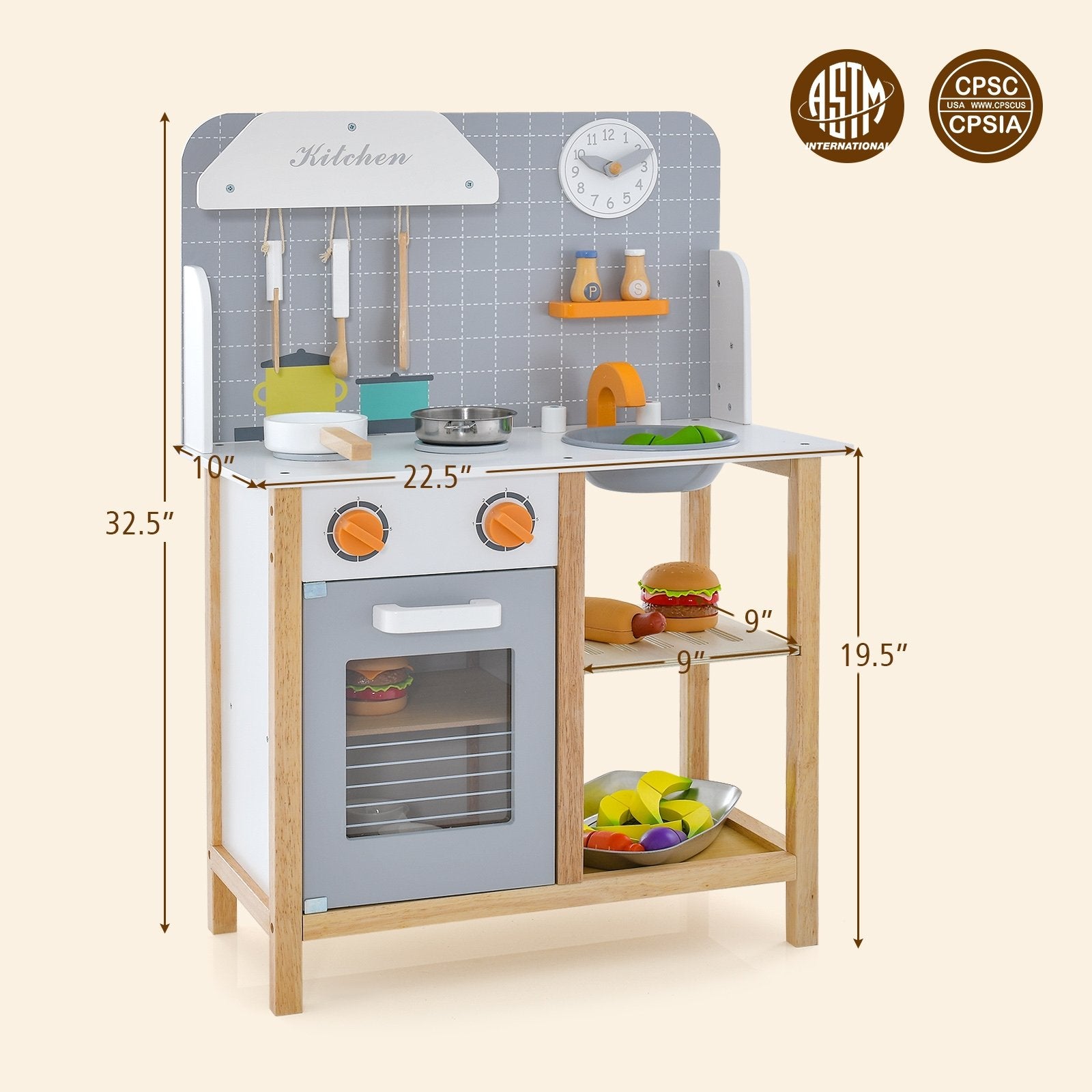 Wooden Toddler Pretend Kitchen Set with Cookware Accessories for Boys and Girls-Grey, Gray Play Kitchen Sets   at Gallery Canada