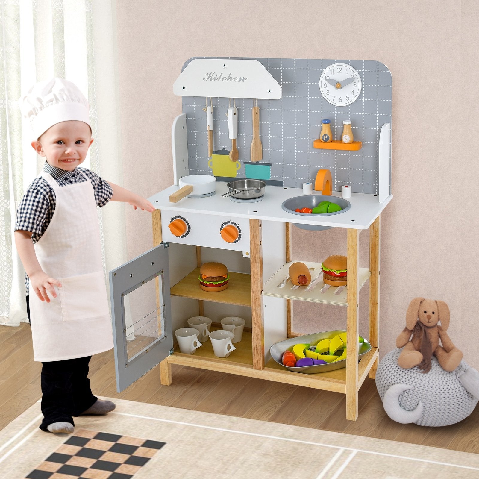 Wooden Toddler Pretend Kitchen Set with Cookware Accessories for Boys and Girls-Grey, Gray Play Kitchen Sets   at Gallery Canada