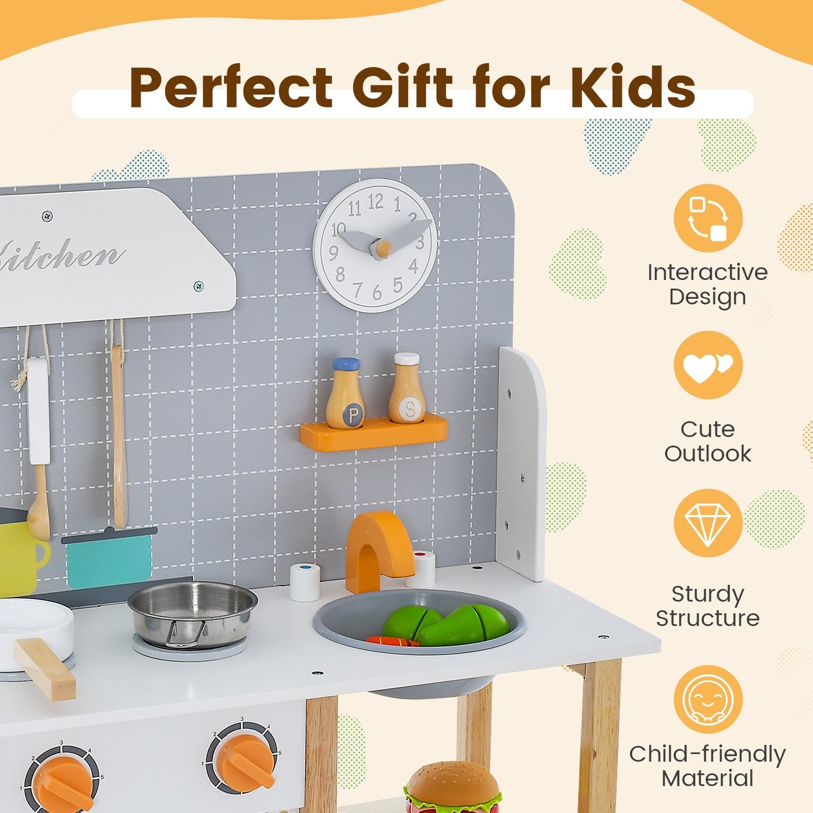 Wooden Toddler Pretend Kitchen Set with Cookware Accessories for Boys and Girls-Grey, Gray Play Kitchen Sets   at Gallery Canada