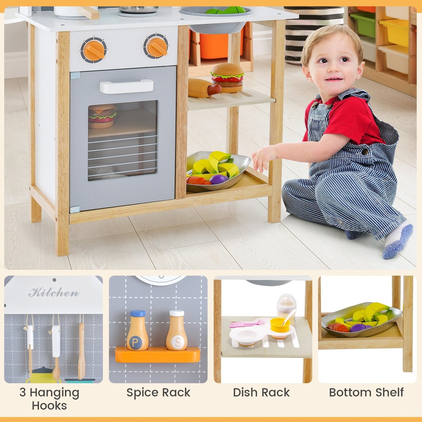 Wooden Toddler Pretend Kitchen Set with Cookware Accessories for Boys and Girls-Grey, Gray Play Kitchen Sets   at Gallery Canada