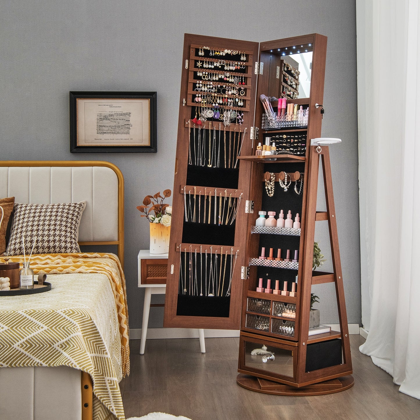 Lockable 360° Swivel Jewelry Cabinet with Full-Length Mirror LED Lights, Walnut Jewelry Armoires   at Gallery Canada