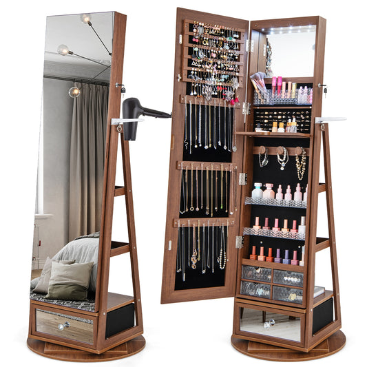 Lockable 360° Swivel Jewelry Cabinet with Full-Length Mirror LED Lights, Walnut - Gallery Canada