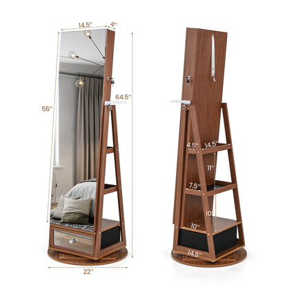 Lockable 360° Swivel Jewelry Cabinet with Full-Length Mirror LED Lights, Walnut Jewelry Armoires   at Gallery Canada