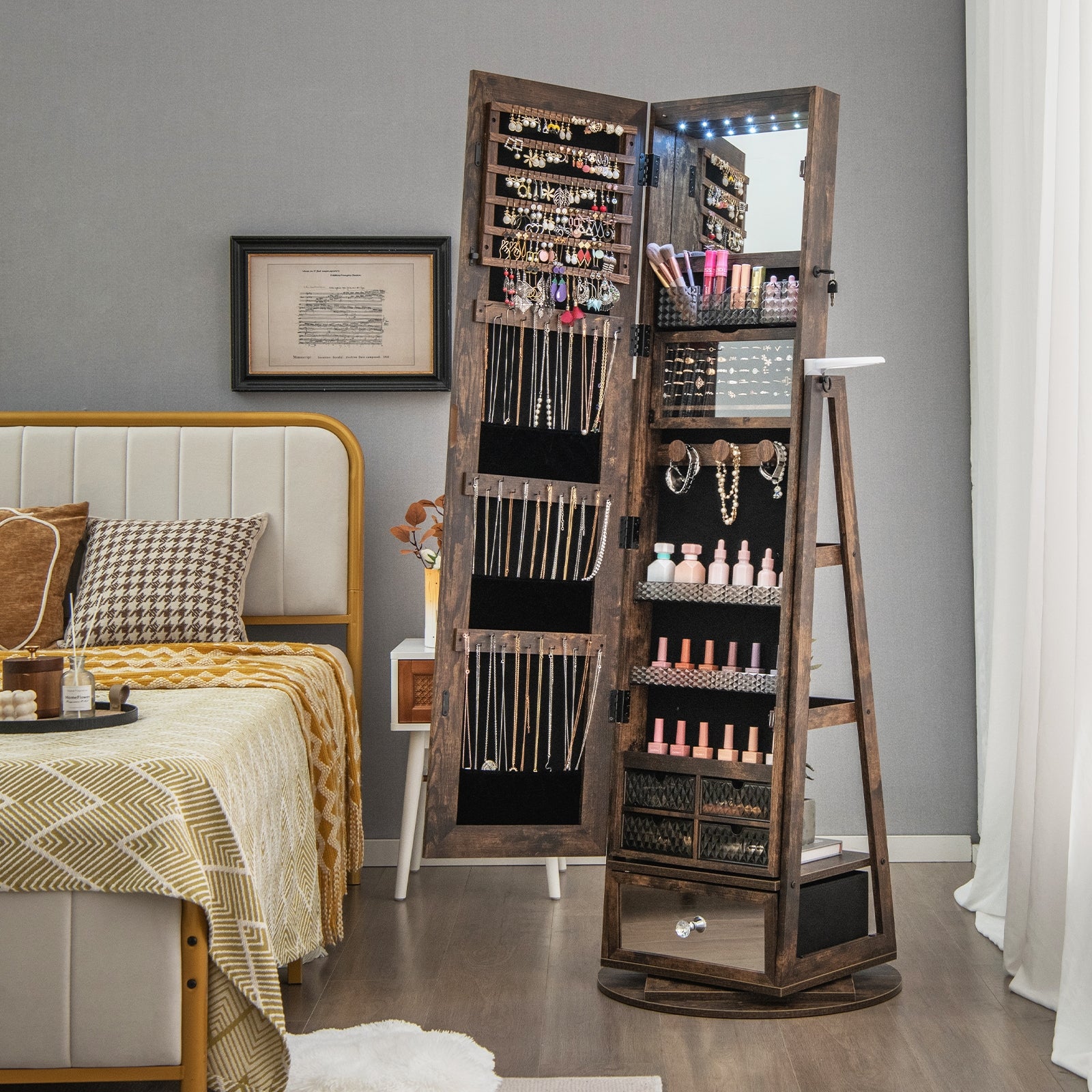 Lockable 360° Swivel Jewelry Cabinet with Full-Length Mirror LED Lights, Rustic Brown Jewelry Armoires at Gallery Canada