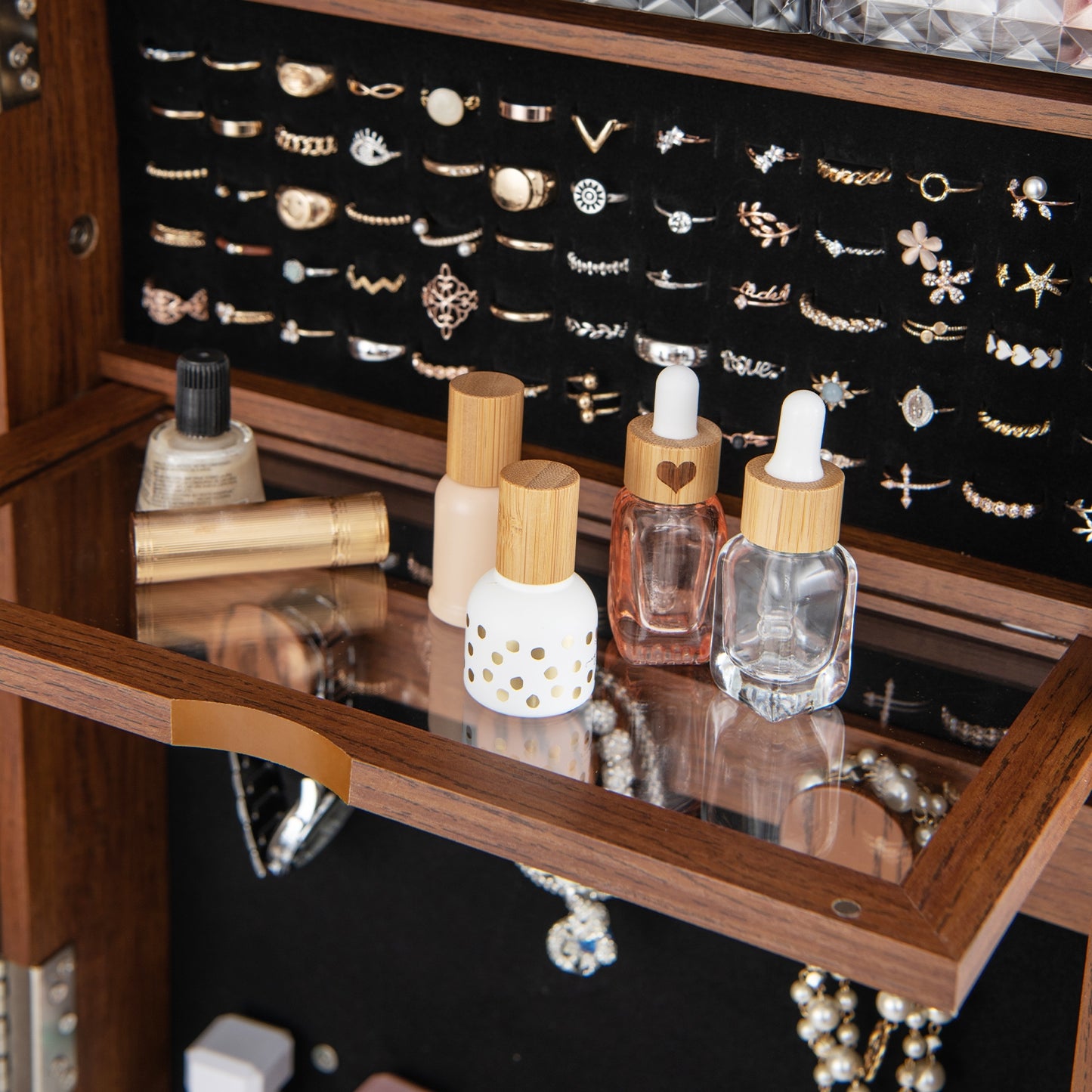 Lockable 360° Swivel Jewelry Cabinet with Full-Length Mirror LED Lights, Walnut Jewelry Armoires   at Gallery Canada