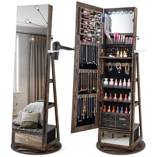 Lockable 360° Swivel Jewelry Cabinet with Full-Length Mirror LED Lights, Rustic Brown - Gallery Canada