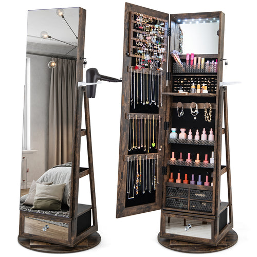 Lockable 360° Swivel Jewelry Cabinet with Full-Length Mirror LED Lights, Rustic Brown