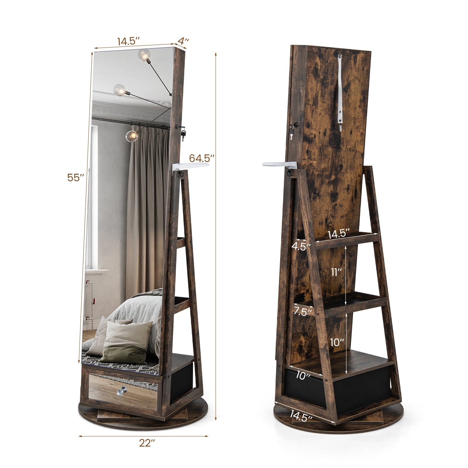 Lockable 360° Swivel Jewelry Cabinet with Full-Length Mirror LED Lights, Rustic Brown Jewelry Armoires at Gallery Canada