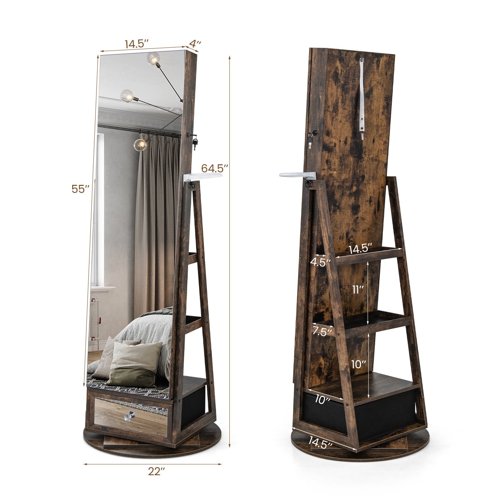 Lockable 360° Swivel Jewelry Cabinet with Full-Length Mirror LED Lights, Rustic Brown Jewelry Armoires   at Gallery Canada