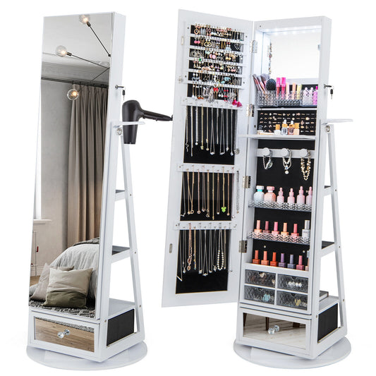 Lockable 360° Swivel Jewelry Cabinet with Full-Length Mirror LED Lights, White Jewelry Armoires White  at Gallery Canada
