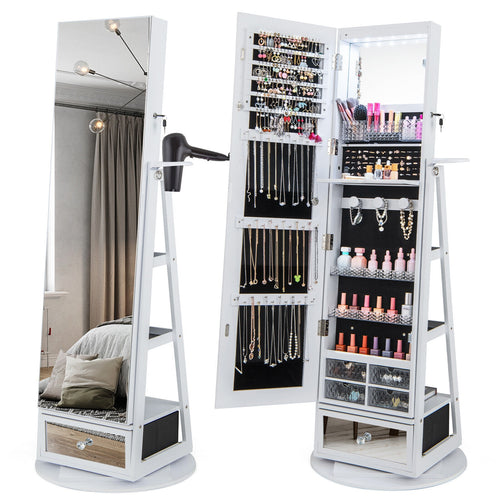 Lockable 360° Swivel Jewelry Cabinet with Full-Length Mirror LED Lights, White