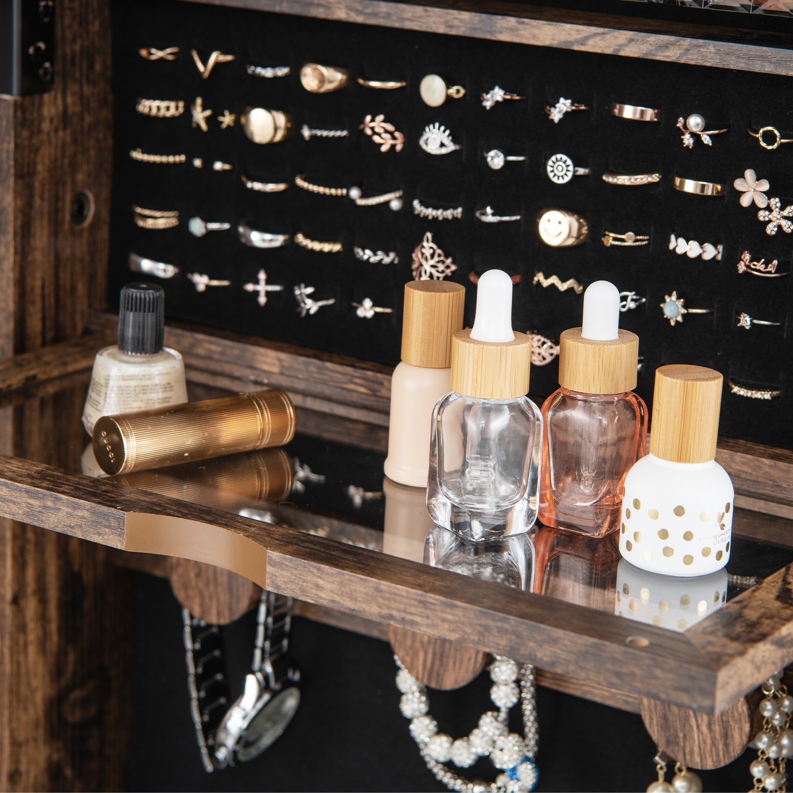 Lockable 360° Swivel Jewelry Cabinet with Full-Length Mirror LED Lights, Rustic Brown Jewelry Armoires at Gallery Canada