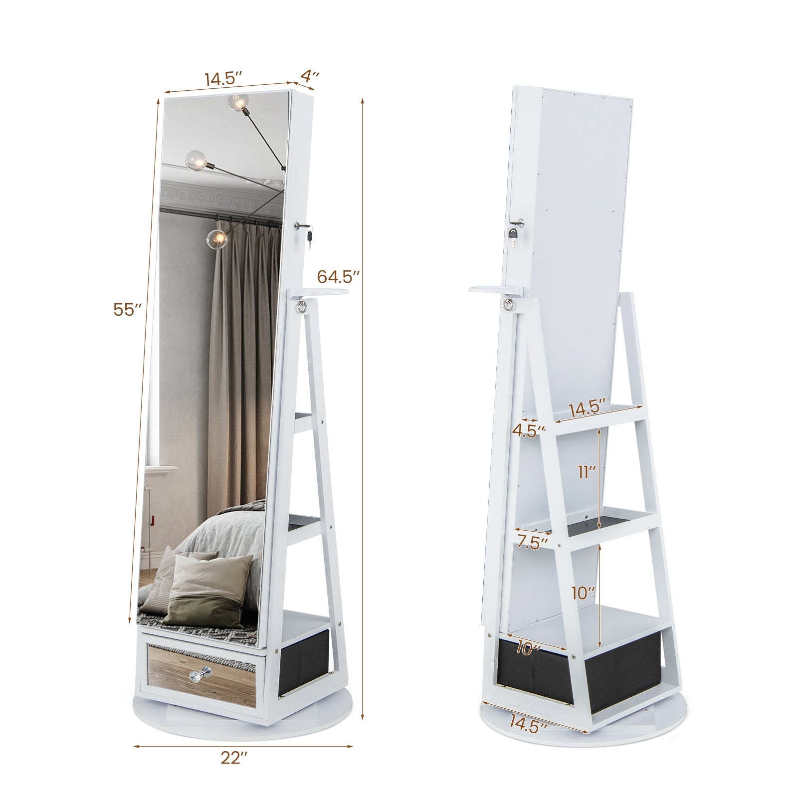 Lockable 360° Swivel Jewelry Cabinet with Full-Length Mirror LED Lights, White Jewelry Armoires   at Gallery Canada