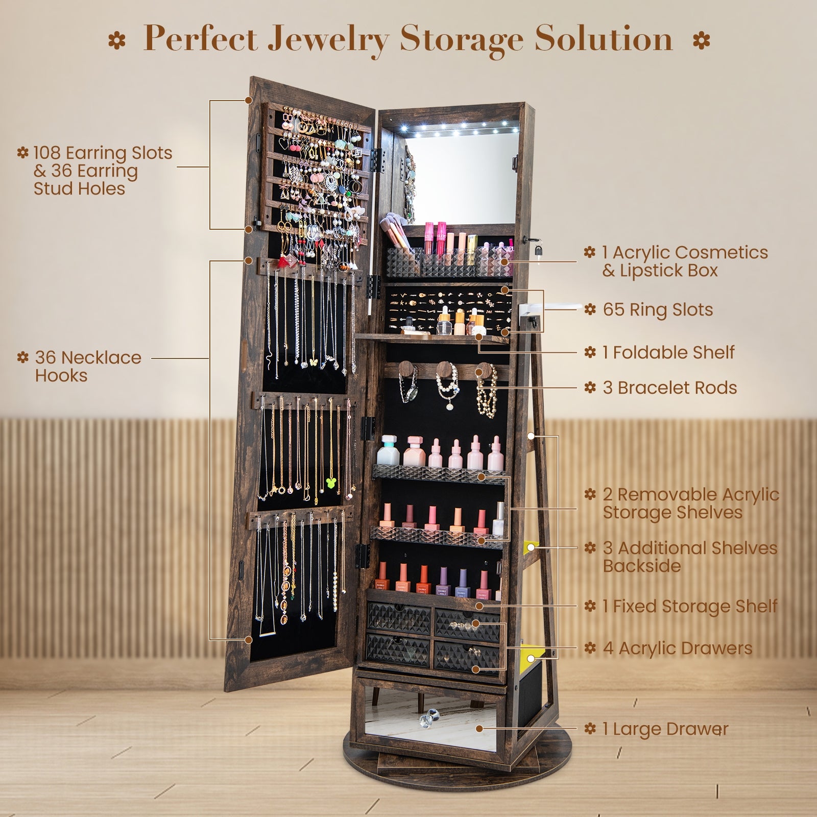 Lockable 360° Swivel Jewelry Cabinet with Full-Length Mirror LED Lights, Rustic Brown Jewelry Armoires   at Gallery Canada