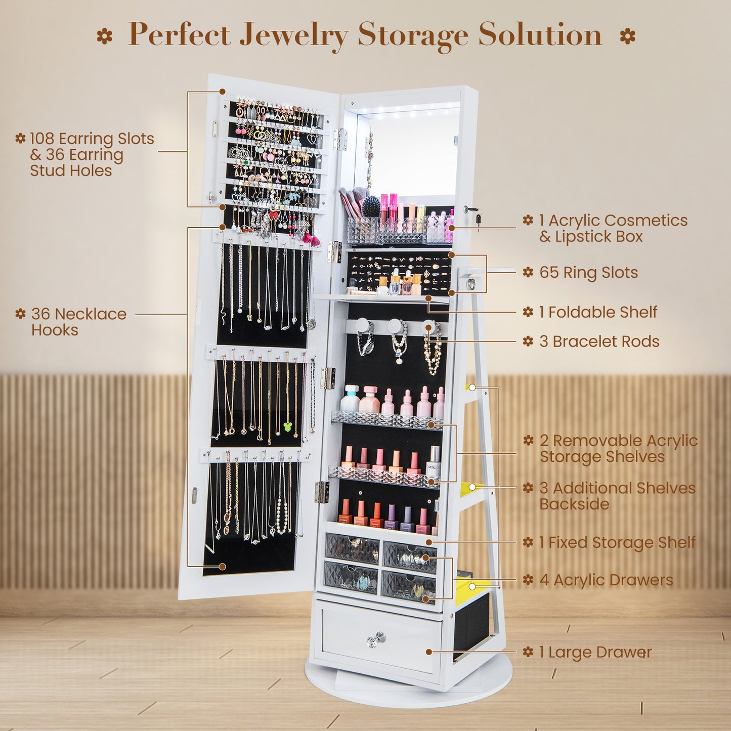 Lockable 360° Swivel Jewelry Cabinet with Full-Length Mirror LED Lights, White Jewelry Armoires   at Gallery Canada