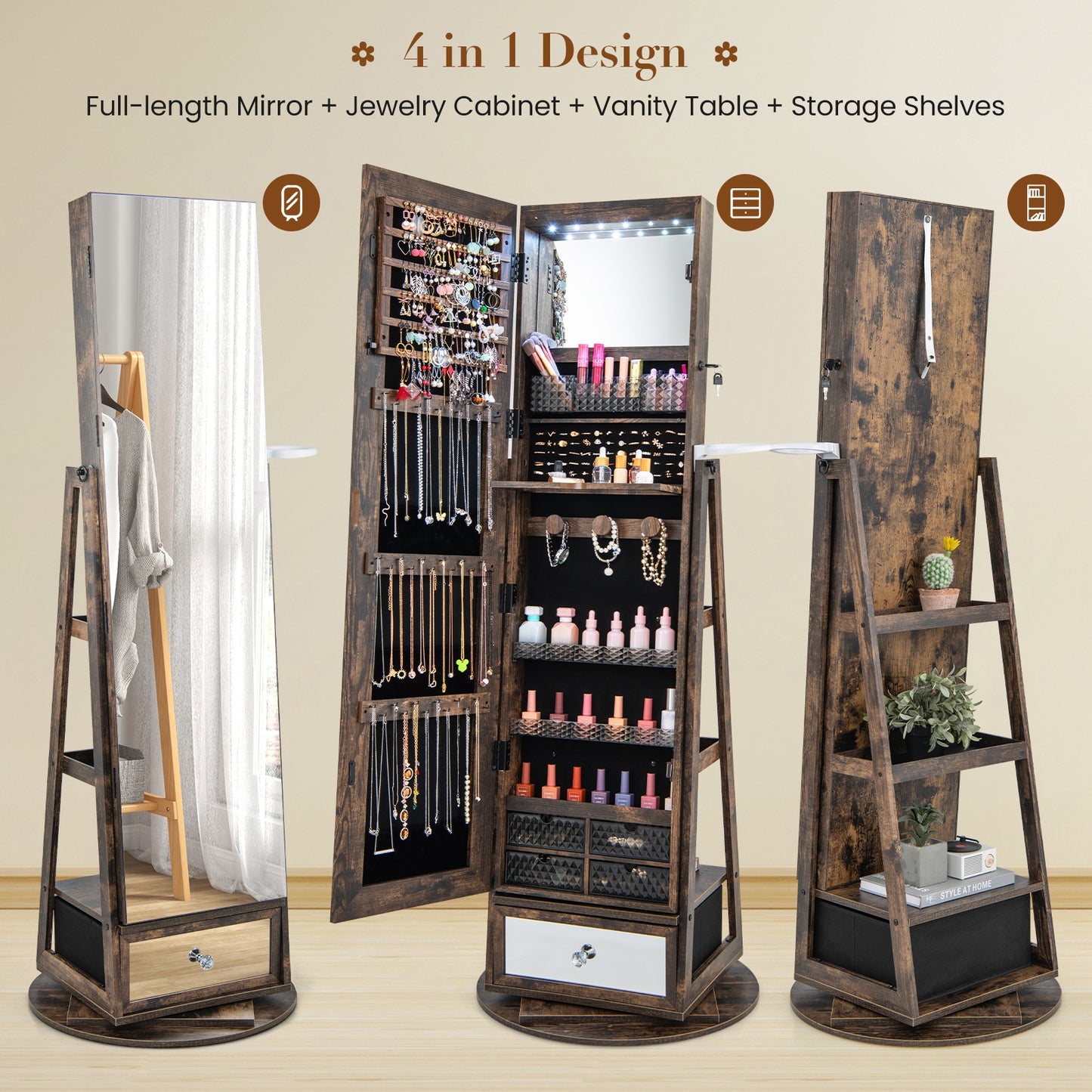 Lockable 360° Swivel Jewelry Cabinet with Full-Length Mirror LED Lights, Rustic Brown Jewelry Armoires   at Gallery Canada