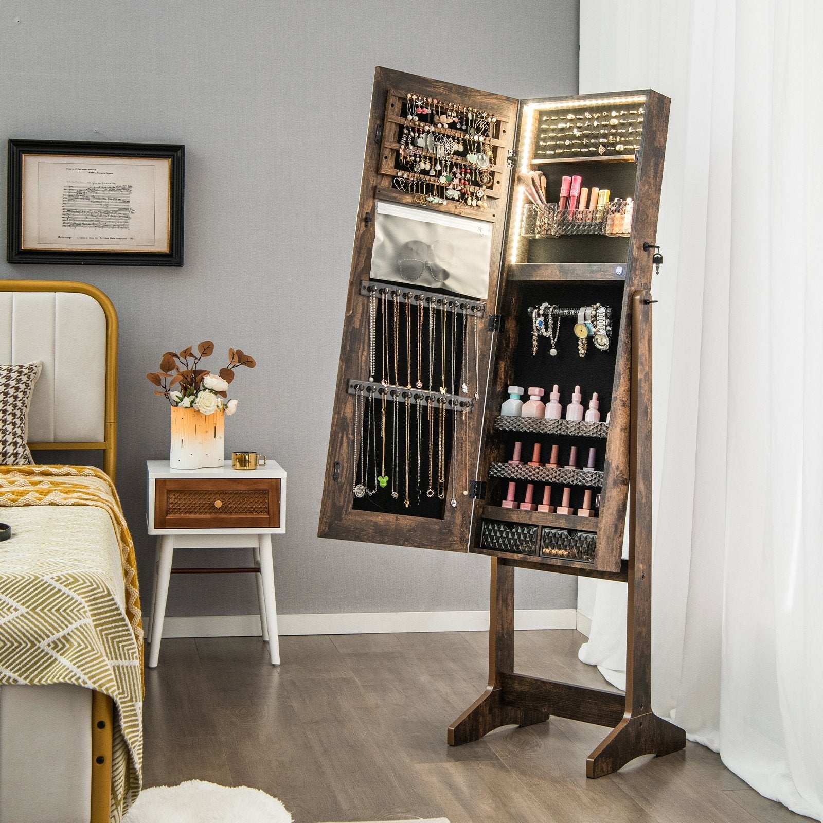 Lockable Jewelry Armoire Standing Cabinet with Lighted Full-Length Mirror, Rustic Brown Jewelry Armoires   at Gallery Canada