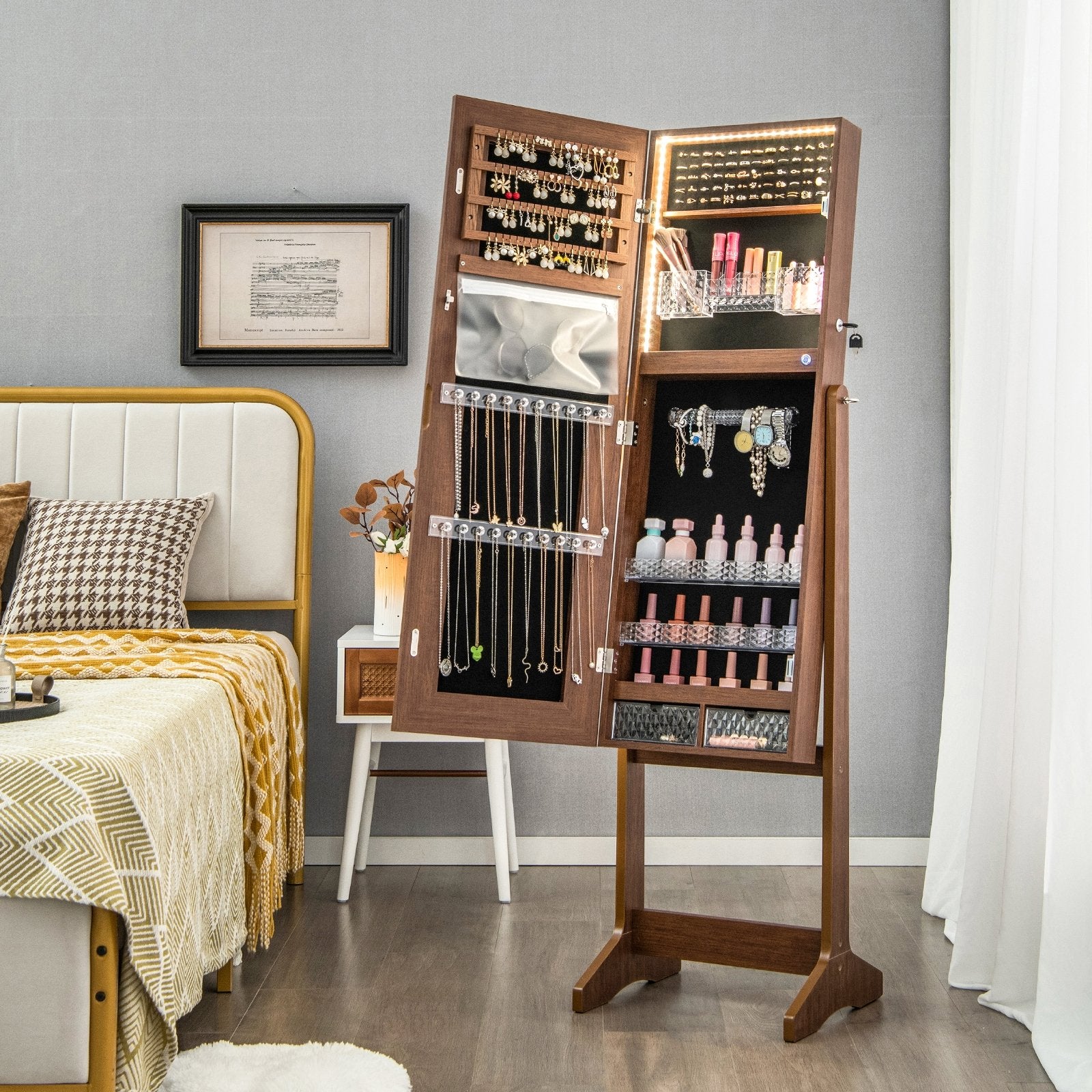 Lockable Jewelry Armoire Standing Cabinet with Lighted Full-Length Mirror, Walnut Jewelry Armoires   at Gallery Canada