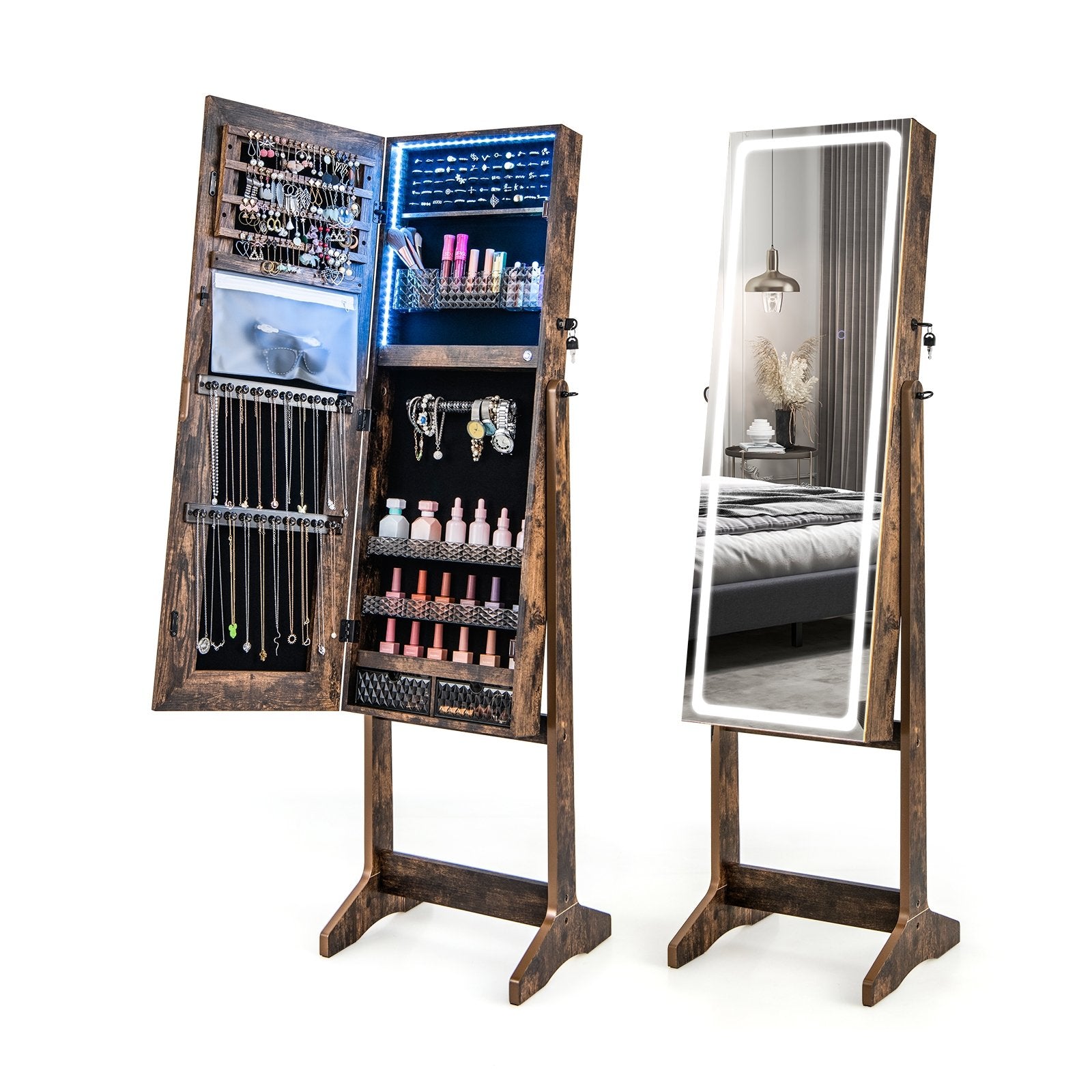 Lockable Jewelry Armoire Standing Cabinet with Lighted Full-Length Mirror, Rustic Brown Jewelry Armoires   at Gallery Canada