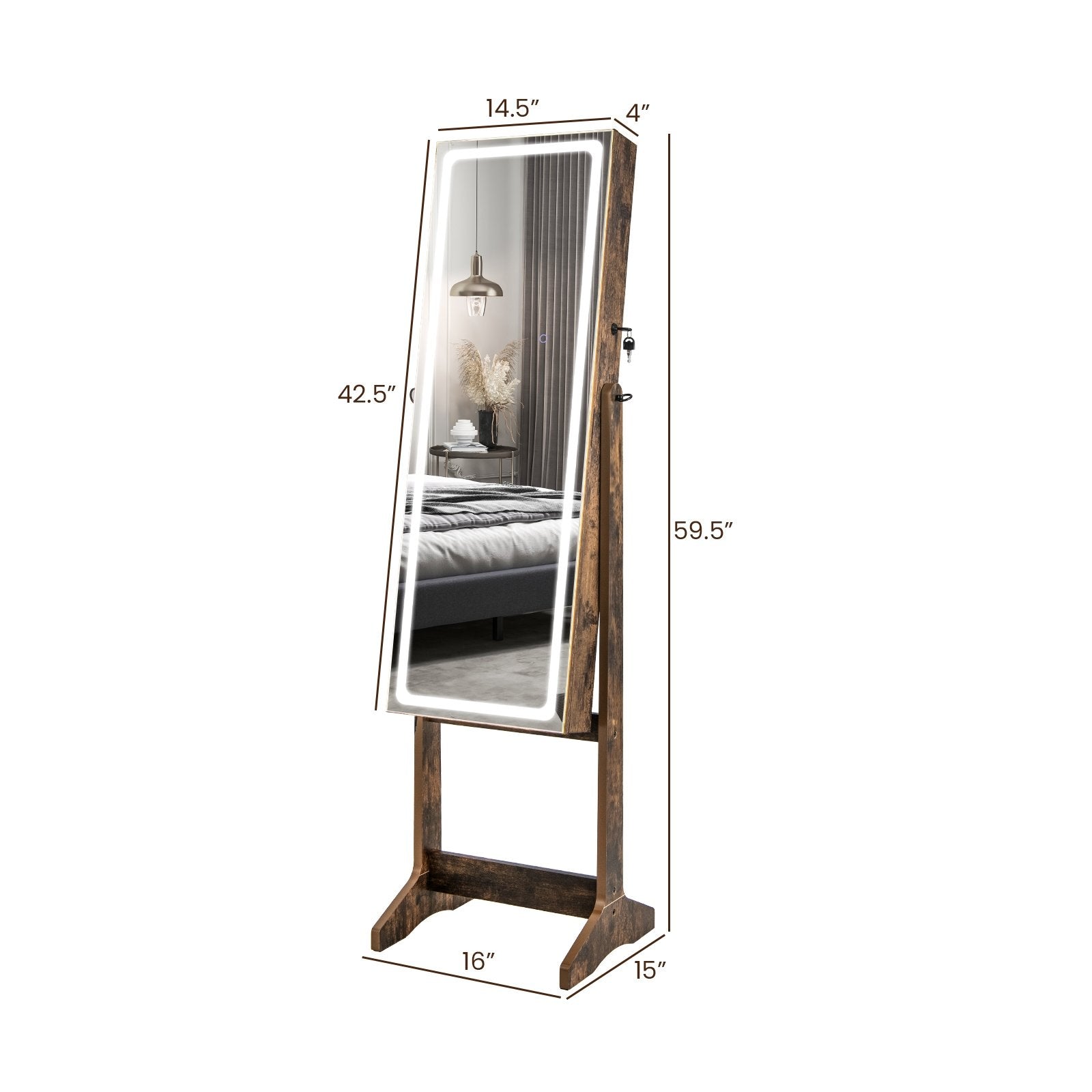 Lockable Jewelry Armoire Standing Cabinet with Lighted Full-Length Mirror, Rustic Brown Jewelry Armoires   at Gallery Canada